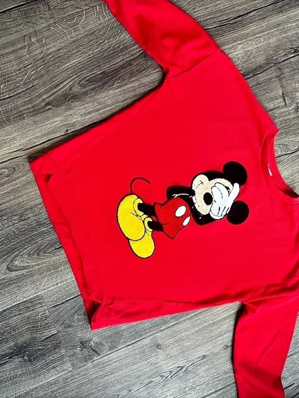Disney Mickey Mouse Red Chenille Graphic Sweatshirt Girls Size 5/6 Red Tee